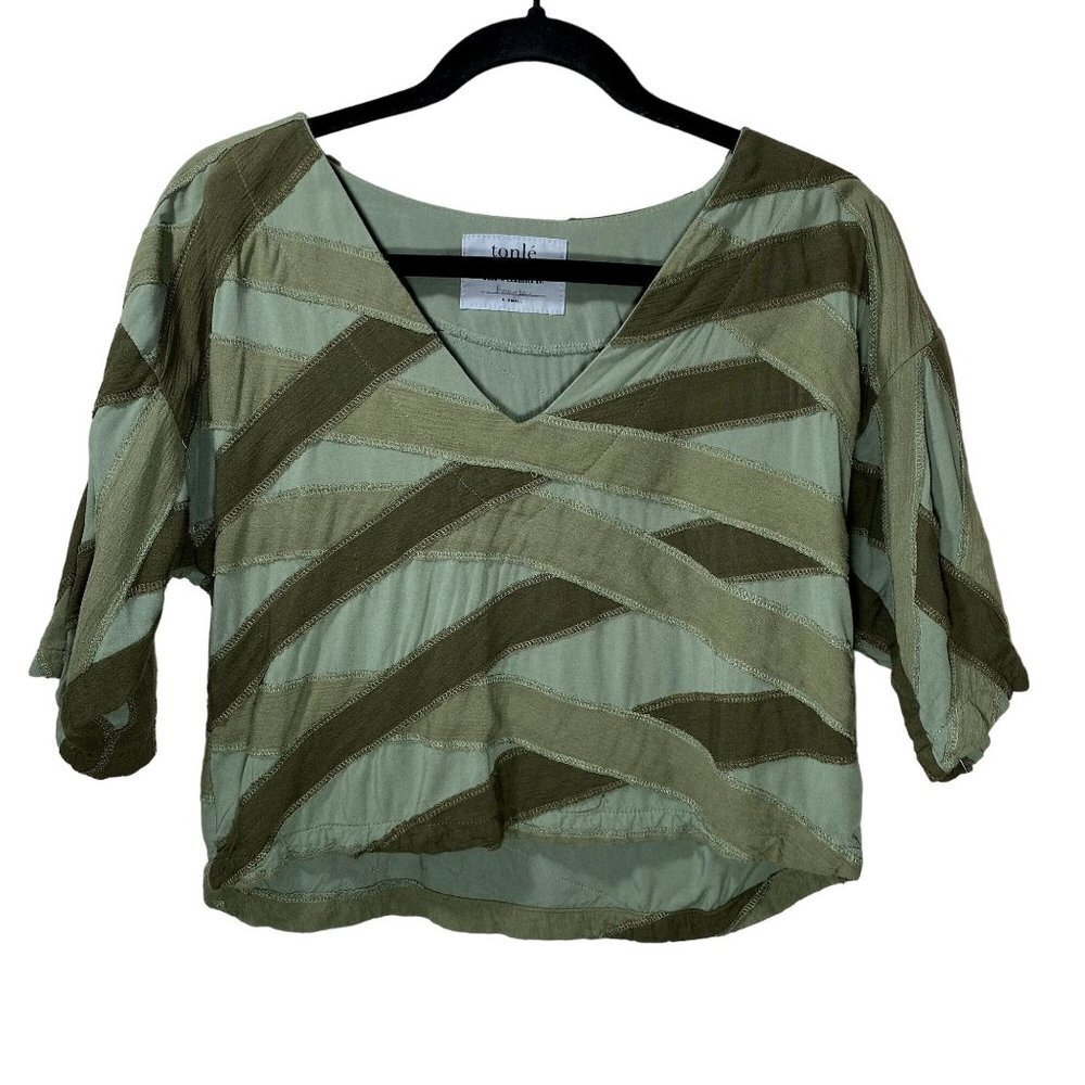 Tonle Handmade Women's Cropped V Neck Half Sleeve Recycled Remnant Top Size XS